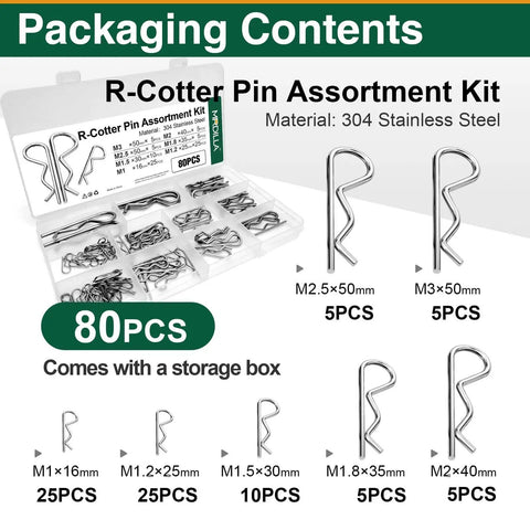 Packaging of 80 Piece Cotter Pin And R Clips Assortment Kit In Seven Sizes With Stainless Steel 304 R Clips And Hitch Pin Clips