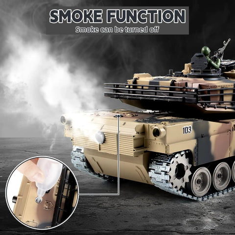 1 18 Scale RC Tank With Realistic M1A2 Metal Chassis, 2 4G Remote Control, Fires BBs, Smoke Lights Sound And Recoil, showing smoke effect.
