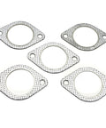 Five 2.5-inch exhaust flange gaskets with perforated metal backing and two bolt holes