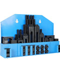 One Half Inch T Slot Clamping Kit With Three Eighths Inch Sixteen Bolts Fifty Eight Piece Set displayed in a blue storage box
