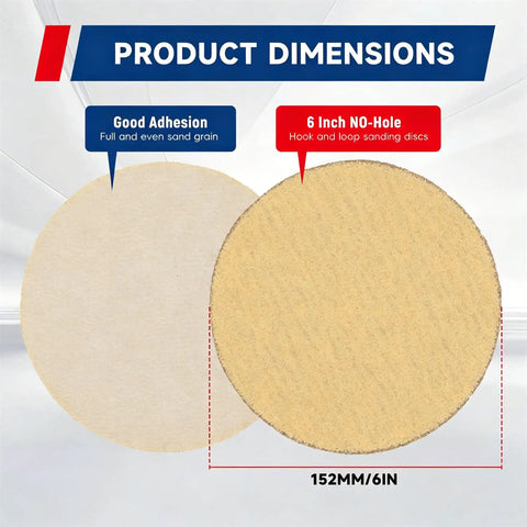 6 Inch NO-Hole Hook and Loop Sanding Discs dimensions showcasing good adhesion and sand grain quality.