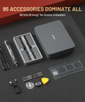 95 In 1 Precision Electric Screwdriver Kit With 86 Magnetic Bits And Visual Screen, 0.4Nm Torque For Stubborn Screws, Delicate 0.1Nm Mode displayed with accessories and case on a black surface.