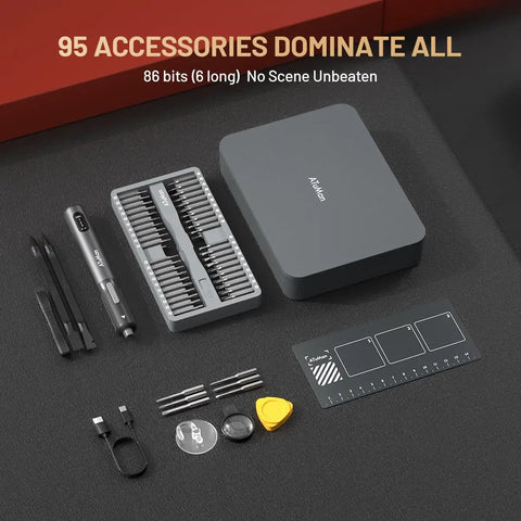 95 In 1 Precision Electric Screwdriver Kit With 86 Magnetic Bits And Visual Screen, 0.4Nm Torque For Stubborn Screws, Delicate 0.1Nm Mode displayed with accessories and case on a black surface.