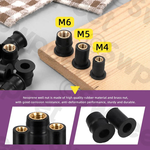 20Pcs M4 Black Rubber Well Nuts Kit For Fairings And Windshields Neoprene Expansion Nuts on wooden board