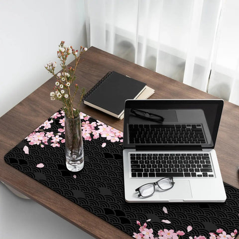 XL Gaming Mouse Pad With Anti Slip Rubber Base And Stitched Edges, Ultra Slick Glide, Huge 31.5 By 11.8 Inches, Anime Black Cherry Blossom Design on desk