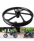 16 Inch Aluminum Alloy Wheel Hub With 16x1.75 Disc Brake Front Rim For F16 Electric Bike Scooter Folding Bicycle Heavy Duty Front Wheel Replacement Easy Install Durable And Ready To Roll displayed with assembled bike examples.