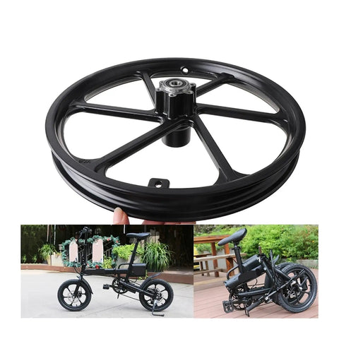 16 Inch Aluminum Alloy Wheel Hub With 16x1.75 Disc Brake Front Rim For F16 Electric Bike Scooter Folding Bicycle Heavy Duty Front Wheel Replacement Easy Install Durable And Ready To Roll displayed with assembled bike examples.