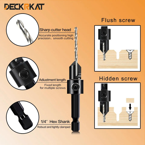 Diagram of 12 Piece Countersink Drill Bit Set With 3 In 1 Wood Counterbore Kit For Screws Size Six To Sixteen, showing screw installation.