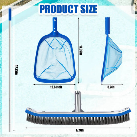 Product size of No Fuss Three Piece Pool Cleaning Kit With Skimmer Net, Extendable Aluminum Pole, and Stainless Steel Pool Brush.