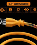 Close-up of heavy duty 12 AWG cord with grounded plug and pure copper conductors, highlighting safety features and high visibility.
