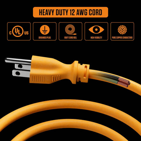 Close-up of heavy duty 12 AWG cord with grounded plug and pure copper conductors, highlighting safety features and high visibility.