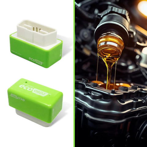 Two Piece OBD2 Fuel Saver Plug And Driver For Most Cars Energy Saving Tuning Accessory with engine oil background