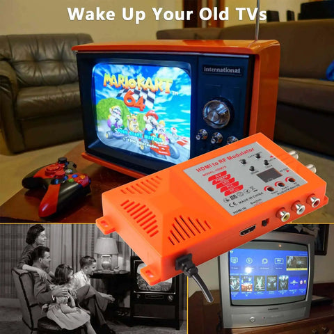 HDMI to RCA to RF Modulator Coaxial UHF Converter Adapter with channel switch used to connect gaming console to retro TV.