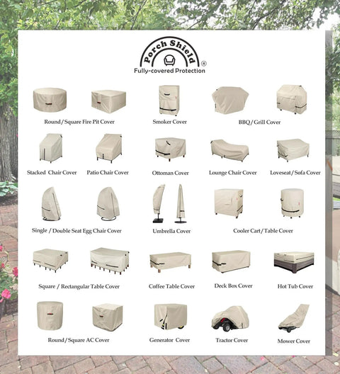 Collage of various beige outdoor furniture covers including Patio Chair Covers 2 Pack Waterproof Outdoor Lounge Deep Seat Fit 30W x 33D x 34H Beige, Fadeproof 600D Polyester With UV Protection And Double Stitching.