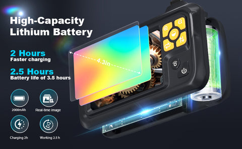 1080P HD Endoscope Camera With Light, 4.3 Inch IPS Screen Borescope with high-capacity lithium battery and controls