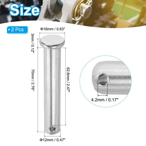 Heavy Duty 12x70 mm Single Hole Clevis Pins 2 Pack in 304 Stainless Steel with Flat Head and 4.2 mm Hole, size details shown