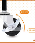 Close-up of 2 Inch Caster Wheels with 1/4 Inch Threaded Stem Swivel Casters and Brakes, showing brake mechanism.