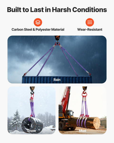 Four Leg Lifting Slings With Hooks 6600 Lb Capacity Heavy Duty Polyester Bridle Sling lifting container, log in mud, and tube in snow.