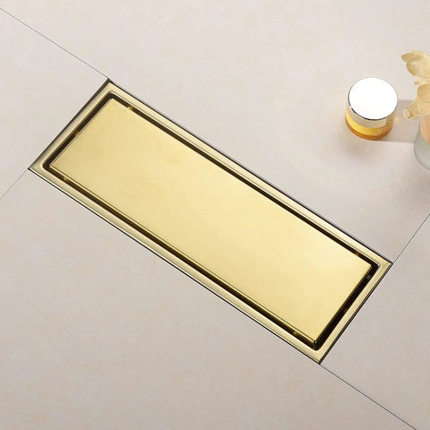 12 Inch Brushed Gold Shower Drain With Tile Insert Grille Detachable Hidden Cover SUS304 Stainless Steel Rectangular Floor Drain High Flow Hubless Easy Clean No Fuss