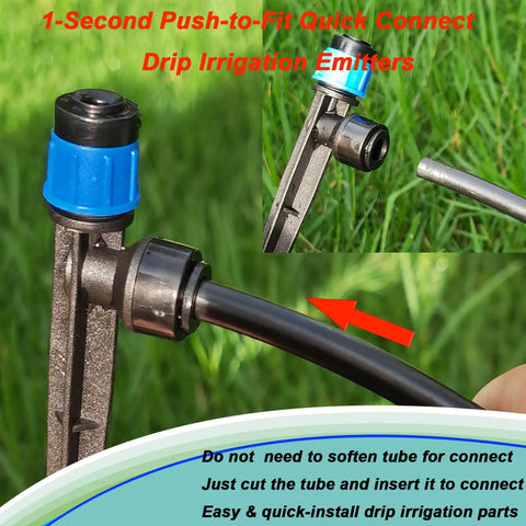 Close-up of 30 Pack Adjustable Drip Irrigation Emitters With Push To Quick Connect No Tools Needed To One Quarter Inch Tubing