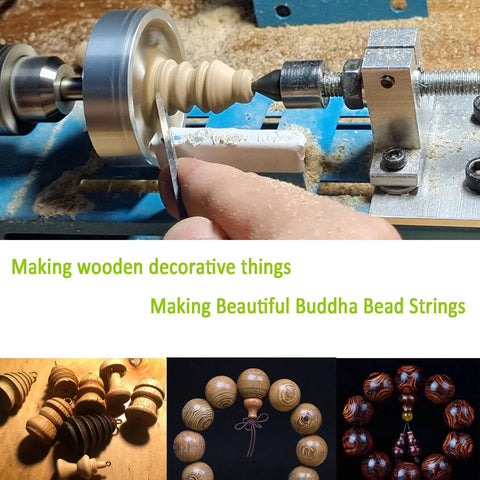 Mini wood lathe in operation turning a wooden spindle; blue lathe with tool holder and wood shavings.