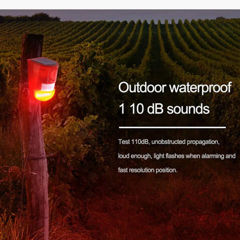 2 Pack Solar Security Light Alarm With IP65 Waterproof LED Motion Sensor mounted on outdoor post in vineyard