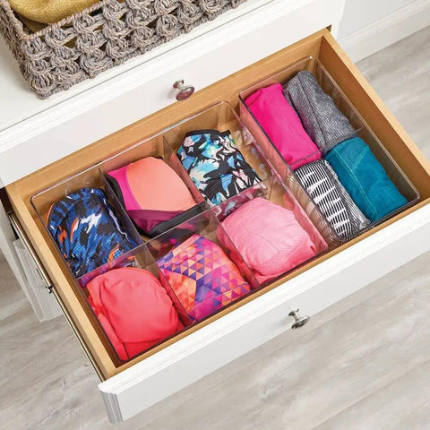 Two Compartment Clear Storage Box For Bedroom Organization BPA Free Plastic Clothes Organizer In Transparent Green Measures Six By Twelve By Four Inches Two Pack