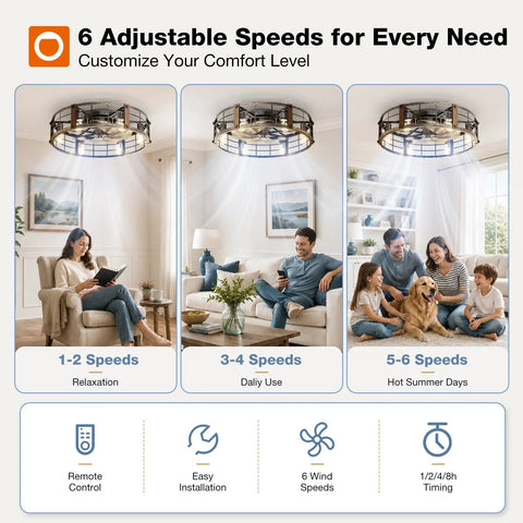 Image showing 24 Inch Metal Caged Farmhouse Ceiling Fan With Warm White Lighting and Wireless Remote, highlighting 6 adjustable speeds for comfort.