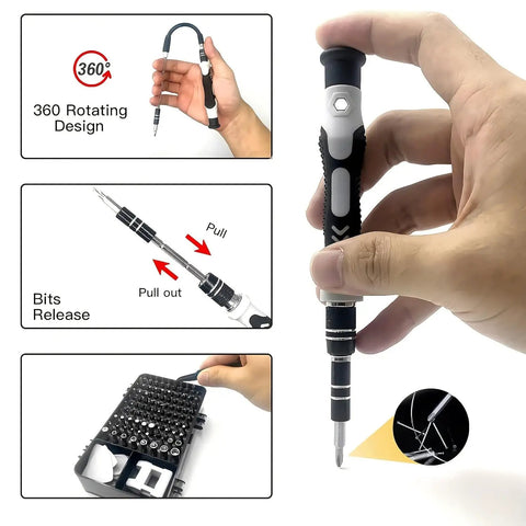 115 In 1 Precision Screwdriver Set With Magnetic Bits For Electronics Repair, featuring magnetic handle and bit release image.