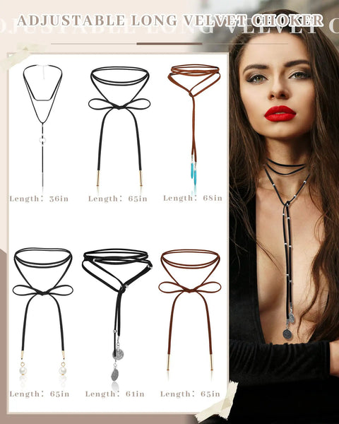 Six Pack Womens Choker Necklaces Black Brown Leather Velvet Lace Up Tie Gothic Western Adjustable Statement Collar Jewelry; various lengths displayed.