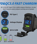 Close-up of Beefed Up 8 Gang 12V Marine Rocker Switch Panel with PD Type C and USB, featuring LED voltage display and charging ports.