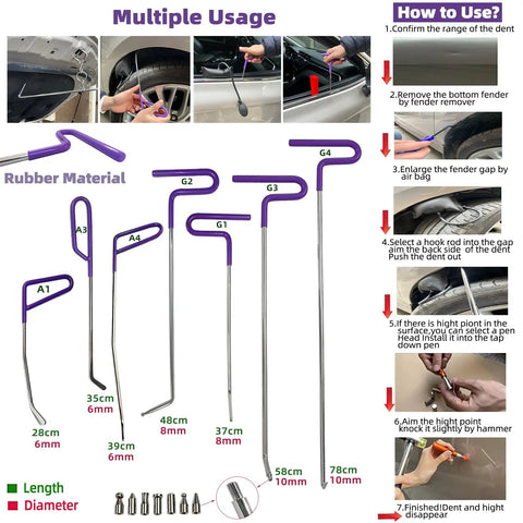 Paintless Car Dent Repair Tools Kit With Large Slide Puller And Dent Rods Crowbar diagram showing rod sizes and usage steps.