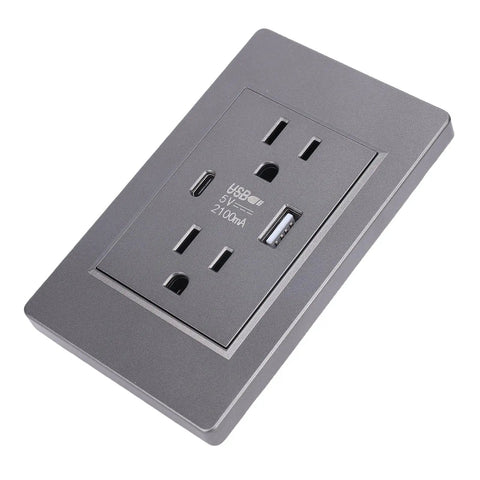Top Notch 15 Amp Wall Outlet Featuring Dual USB And Type C Charging Ports For Zero Dongle Drama Flame Retardant PC faceplate receptacle.