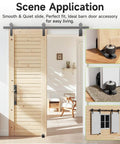 Sliding barn doors with 2 pack sliding barn door floor guide set with quiet bearing and adjustable rubber rollers installed, flush on floor.