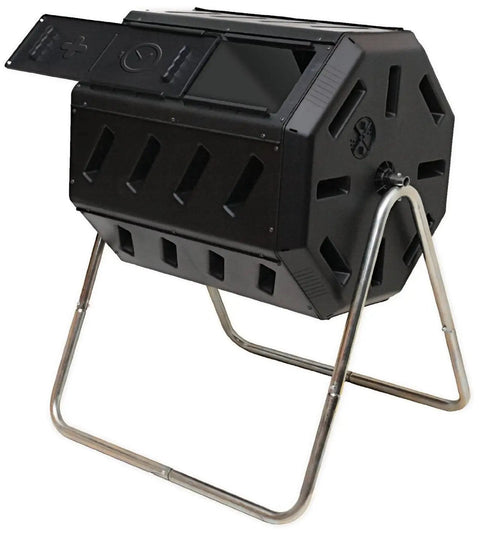 Canadian Made 37 Gallon Dual Chamber Tumbling Composter With 100 Percent Recycled Resin Eco Friendly Outdoor Rotating Bin Black Finish