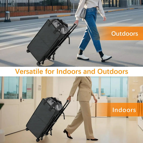 Person using Big Ol 90L Rolling Laundry Backpack With Wheels 3 In 1 Freestanding Laundry Basket And Collapsible Hamper outdoors and indoors