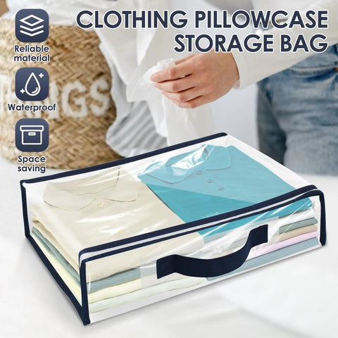 Person handling heavy-duty clear storage bag with zipper, showing stacked clothing, 12L waterproof organizer 15.7x11.8x3.9 in.
