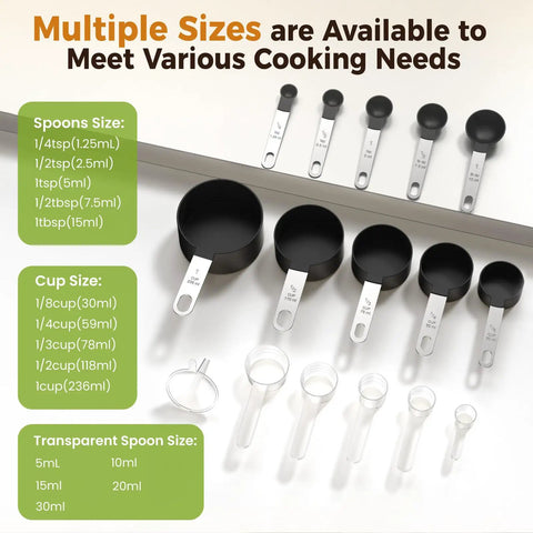 16-piece Measuring Cups And Spoons Set With Metric And US Measurements For Dry And Liquid with diverse sizes, black.