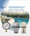 CARBO water pressure gauge with dual display; grey and white pool filters with 1/4 NPT brass lower connection