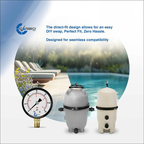 CARBO water pressure gauge with dual display; grey and white pool filters with 1/4 NPT brass lower connection