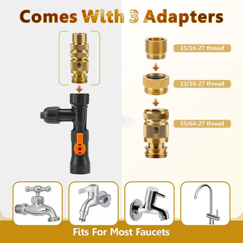 Bucket Free Aquarium Water Change Kit with metal faucet connector and three adapters for different thread sizes