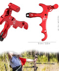 4-Finger Compound Bow Release Trigger With 360 Degree Rotating Thumb Release Aid, Auto Jaw Closure For Easy Arrow Control, Adjustable Trigger Sensitivity To Match Your Shot, Red, shown with measurements and archery use context.