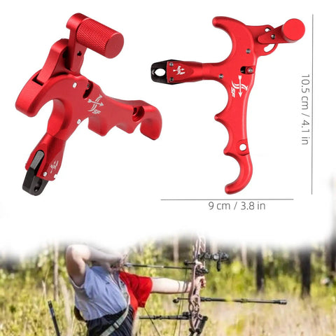 4-Finger Compound Bow Release Trigger With 360 Degree Rotating Thumb Release Aid, Auto Jaw Closure For Easy Arrow Control, Adjustable Trigger Sensitivity To Match Your Shot, Red, shown with measurements and archery use context.