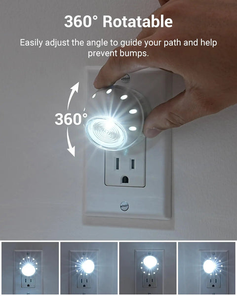 Close-up of Plug In Night Light with Dusk To Dawn Sensor 360 Degree Rotating Head, glowing in dark room, hand adjusting angle