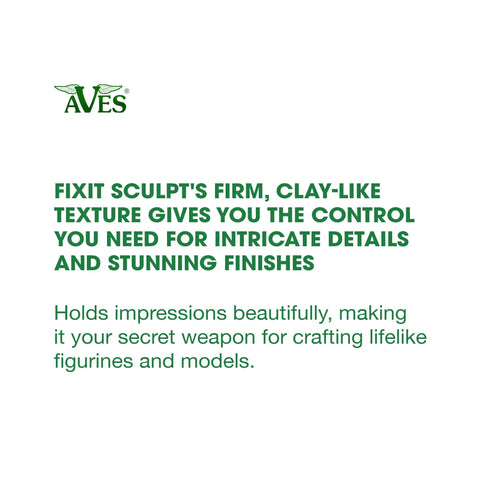 Text highlighting features of Fixit Sculpt 2 Part Epoxy Modeling And Repair Compound for intricate detail crafting.