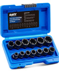 Impact Nut And Bolt Extraction Tool Set For Rusted And Stripped Fasteners, 13 SAE And Metric Sizes, Three Eighths Inch Drive, shown in blue case.