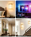 Set Of Two Gold Crystal Wireless Wall Sconces With Smooth Remote Control Rechargeable Cordless Lighting Featuring 12 RGB Colors And 3 CCT White Adjustable Dimming Options For Bedroom Living Room total glow up no sweat install in various settings.