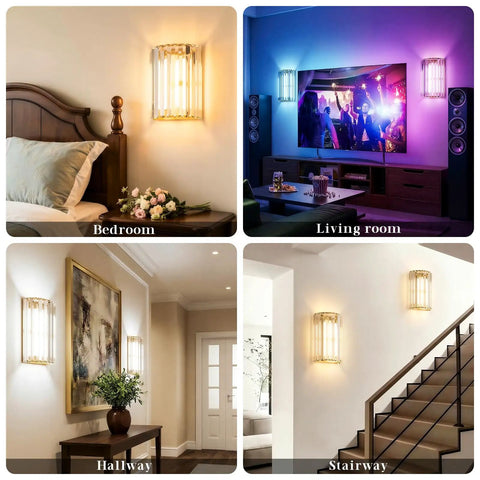Set Of Two Gold Crystal Wireless Wall Sconces With Smooth Remote Control Rechargeable Cordless Lighting Featuring 12 RGB Colors And 3 CCT White Adjustable Dimming Options For Bedroom Living Room total glow up no sweat install in various settings.