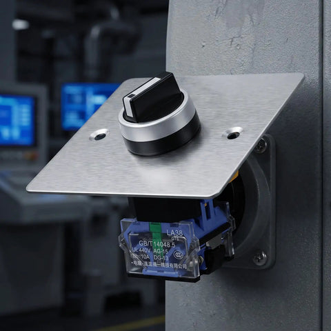 Rock Solid Three Position Rotary Switch With Brushed Stainless Steel One Hole Panel Plate For Cleanroom Medical Labs And Busy Workshop Setups front view.