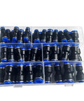 Premium 61 Piece Pneumatic Fitting Kit For Push To Connect Air Pipe Adapters In Smooth 4mm To 12mm Sizes Perfect For Hoses And Industrial Tools. Plastic organizer box with black blue push-fit air fittings